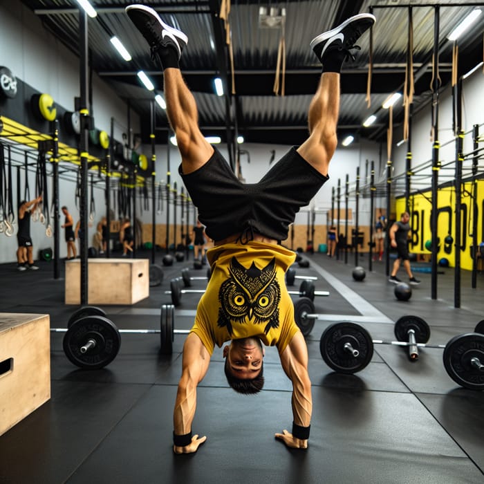 Man in Yellow Owl T-shirt Mastering Handstand at Crossfit Gym