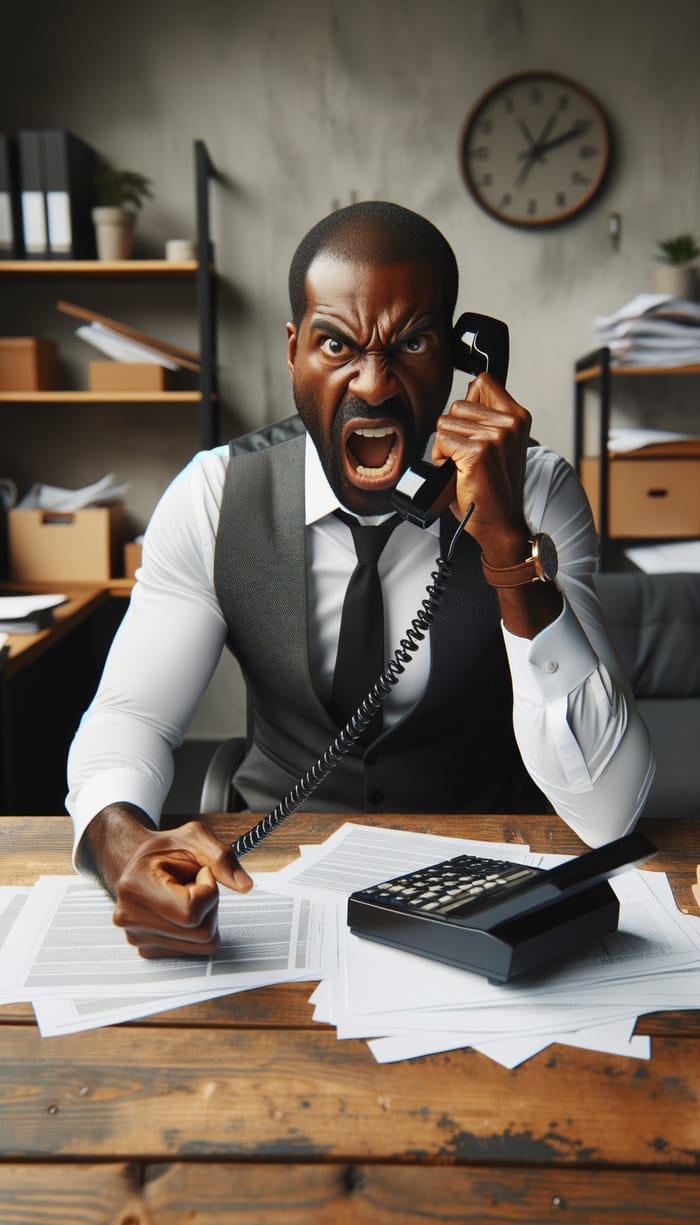 Furious Black Man Yelling into Phone at Modern Office Desk