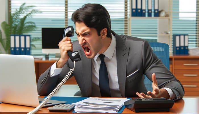 Frustrated Hispanic Professional Man Yelling at Desk
