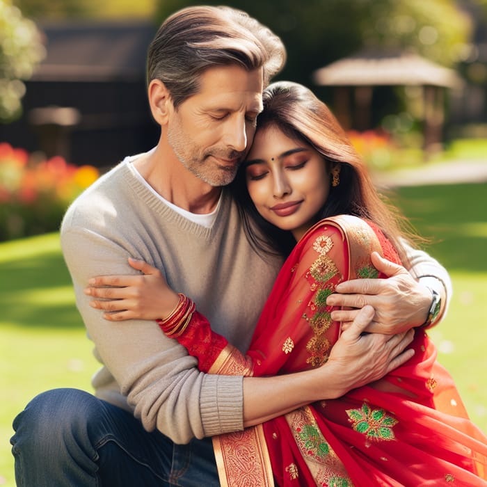 Heartwarming Scene: Caucasian Man Embraces South Asian Woman Outdoors