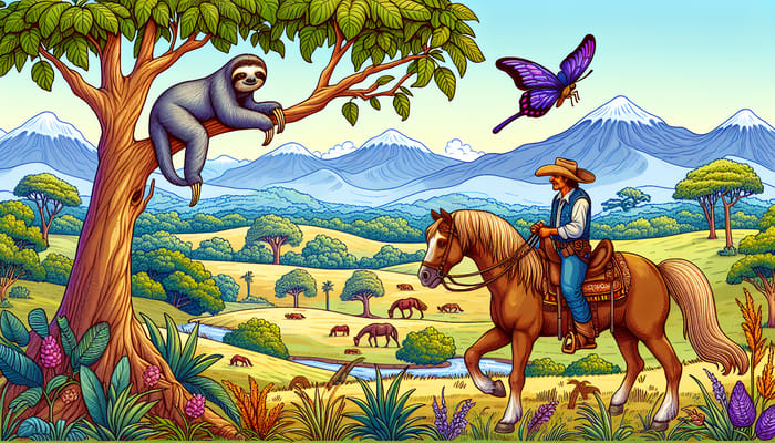 Vibrant Guanacaste Landscape with Sloth & Cowboy