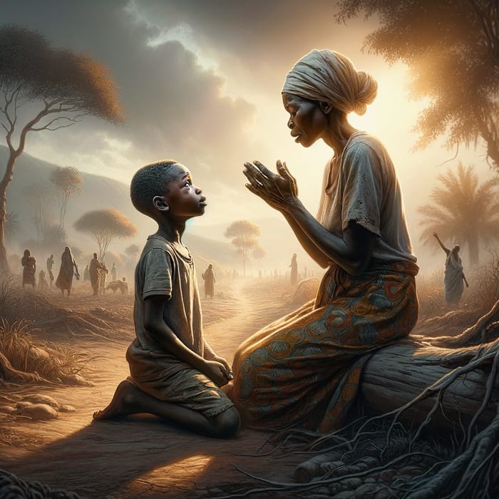 Resilient African Boy Embraces Strength and Faith Amidst Mother's Spiritual Guidance