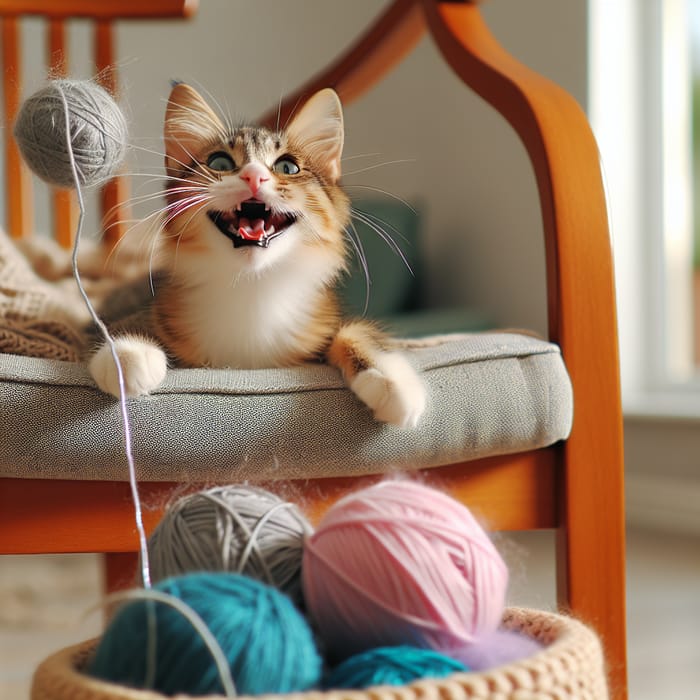 Happy Cat Playing with Wool on Chair