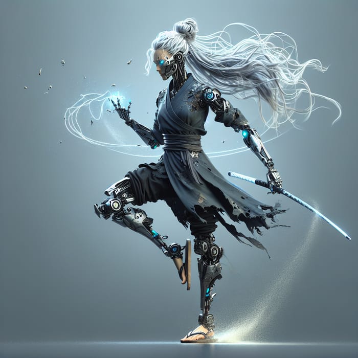 Cybernetic Warrior with Spectral Sword in Flip Flops