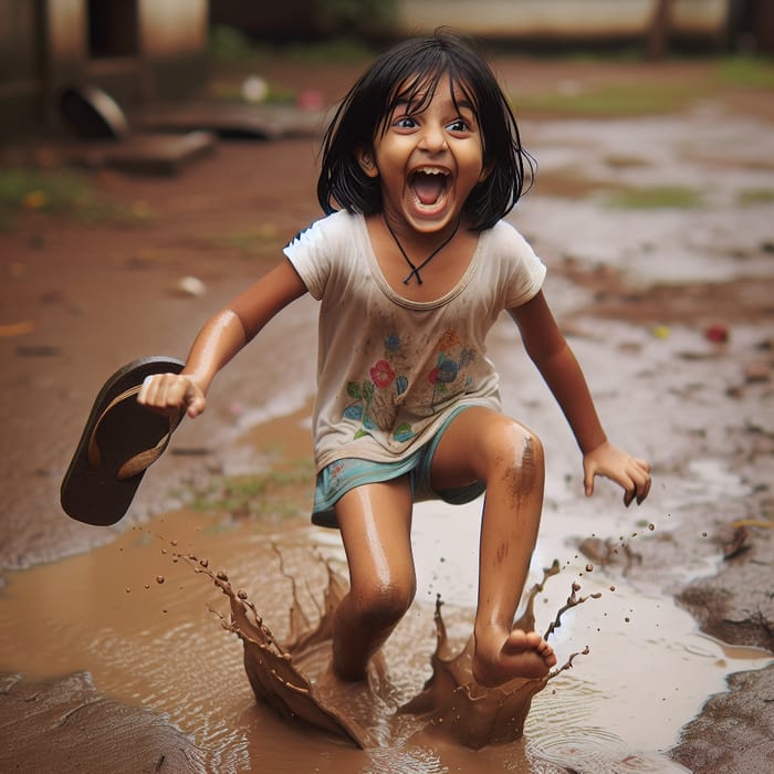 Excited Girl Jumping in Mud Puddle with Flip-Flops