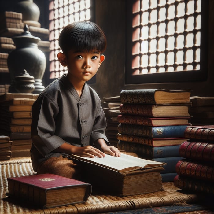 Young East Asian Boy Studying in Traditional Room with Determination