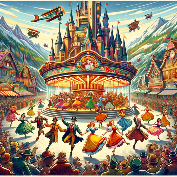 Classic Disney Characters in Vibrant Theme Park Poster