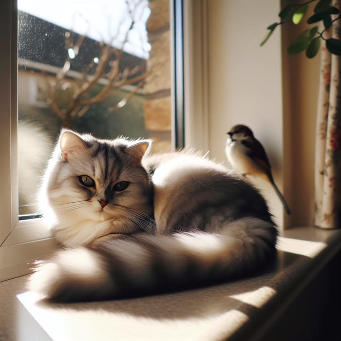 Tranquil Cat on Window Sill with Bird