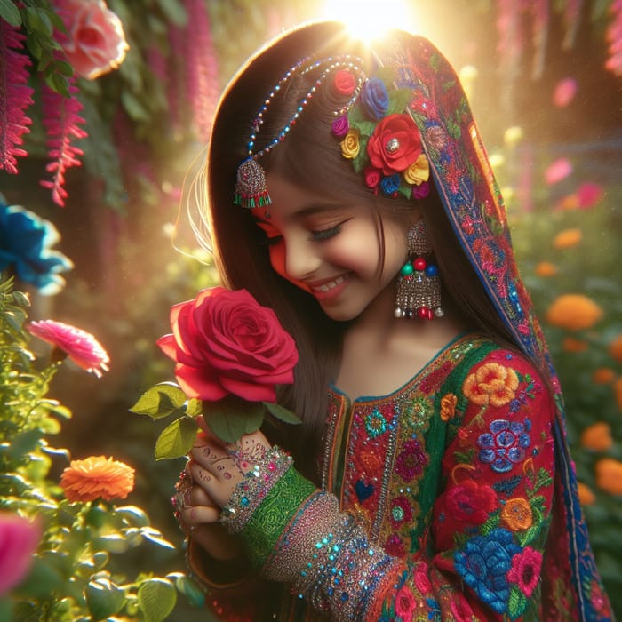 Radiant South Asian Girl with Red Rose in Lush Garden