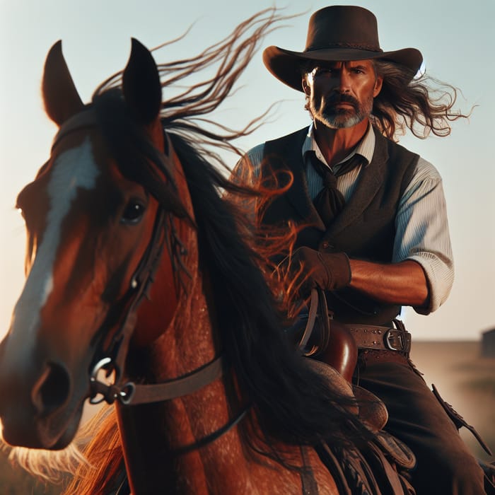 Cowboy Riding Horse in the Wild West Prairie
