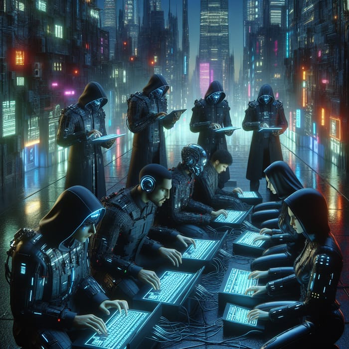Futuristic Cyber Criminals in Diverse Cityscape at Twilight