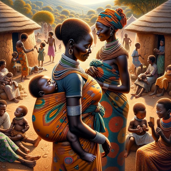 African Mothers Carrying Babies: Community Life and Family Harmony