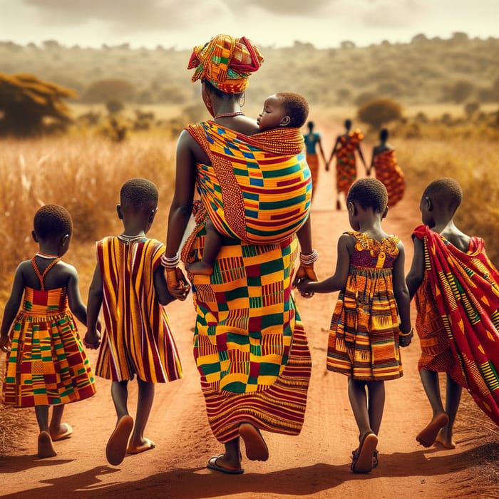 Ghanaian Mother Carrying Child, Family Stroll in Kente Cloth