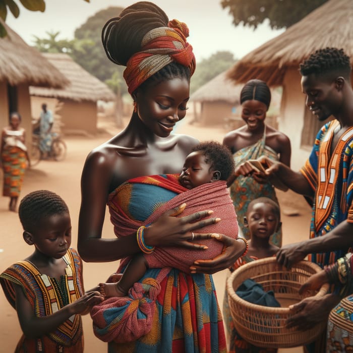 Ghanaian Family with Black Mother, Baby, and Kids in Community