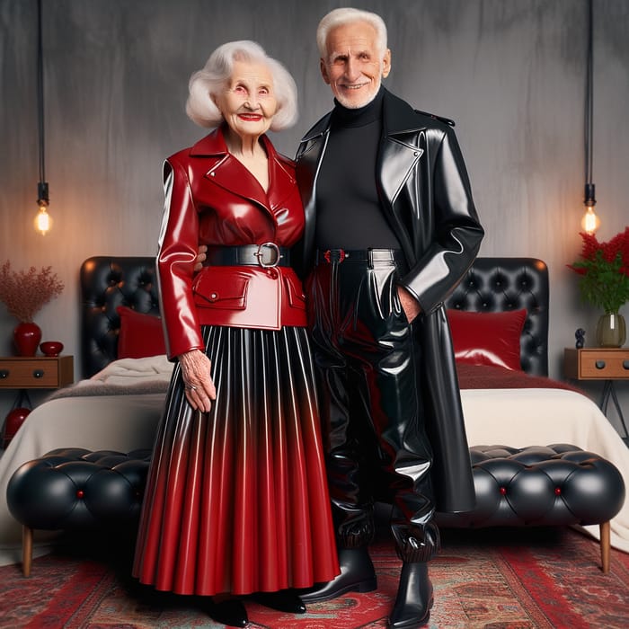 Stylish Elderly Couple Showcasing Leather Attire in Luxury Bedroom