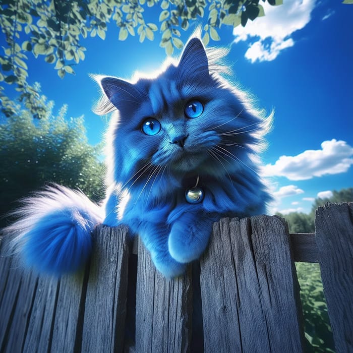 Majestic Blue Cat on Wooden Fence | Vibrant Azure Fur