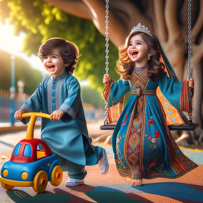 3-Year-Old Shia Muslim Boy & Girl Playing in Vibrant Park