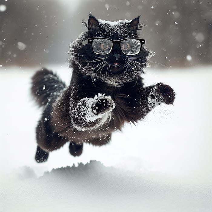 Playful Black Cat in Glasses Leaping on Snowy Ground