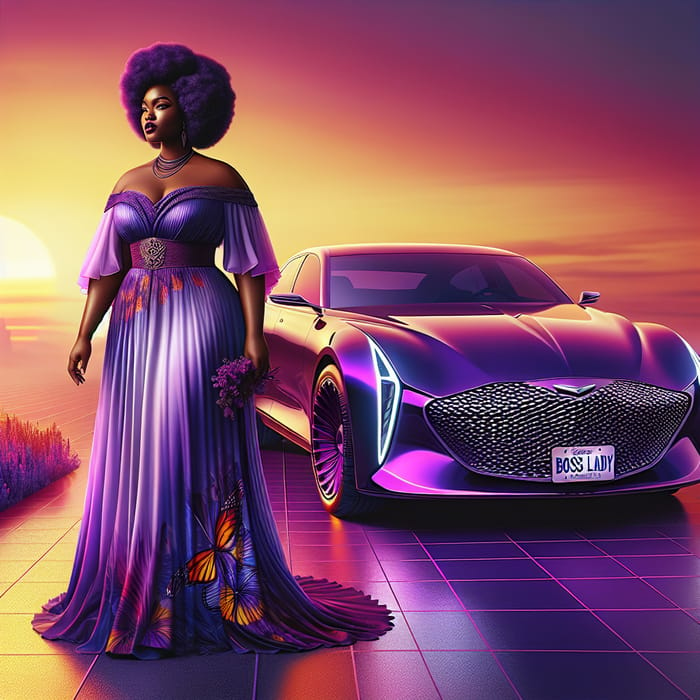 Empowering Plus-Size African Lady in Purple Dress at Sunset