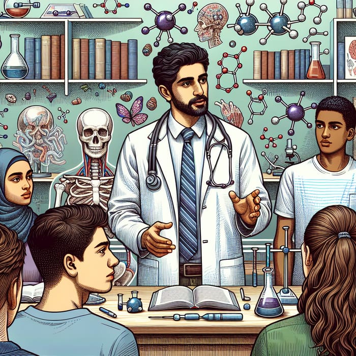 Interactive Biochemistry Class with Diverse Students and Middle Eastern Doctor