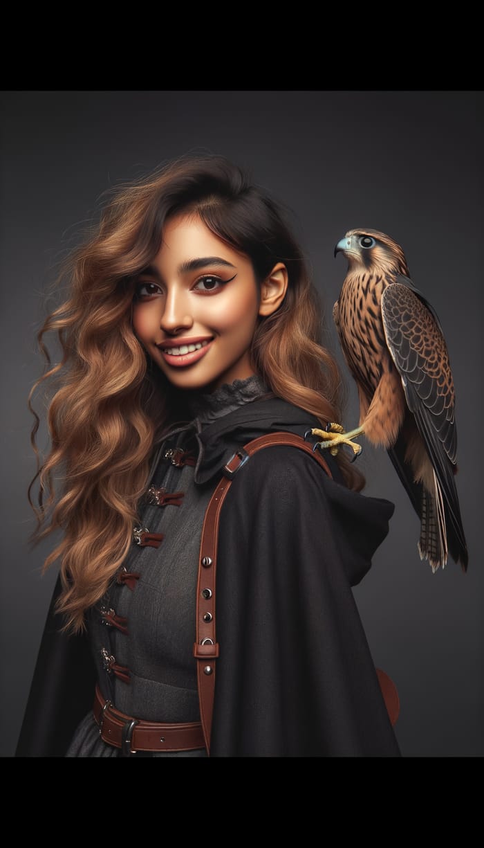 Young Woman Wizard with Falcon in Fantasy Setting