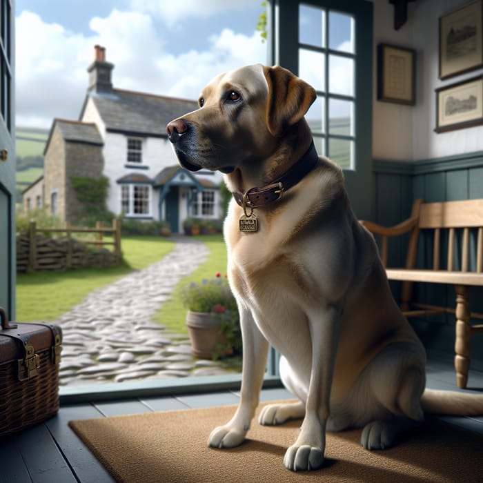 A Loyal Friend: Labrador Dog Waiting by Countryside Cottage
