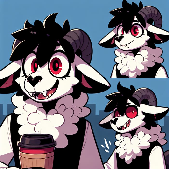 Whimsical Sheep Fursona with Black Bat Ears and Cherry Red Eyes Holding Coffee
