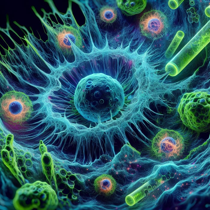 Stem Cell Regeneration: Neon Green & Electric Blue Scientific Illustration, AI Art Generator