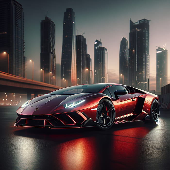 Sleek Red Lamborghini Sports Car | Urban Skyscraper Scene