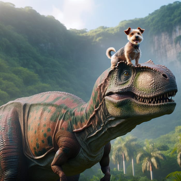 Adorable Dog Standing on Dinosaur's Shoulder