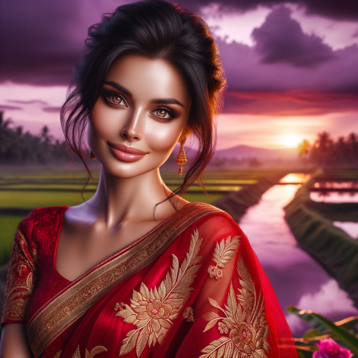 Beautiful Woman in Red Sari with Golden Embroidery