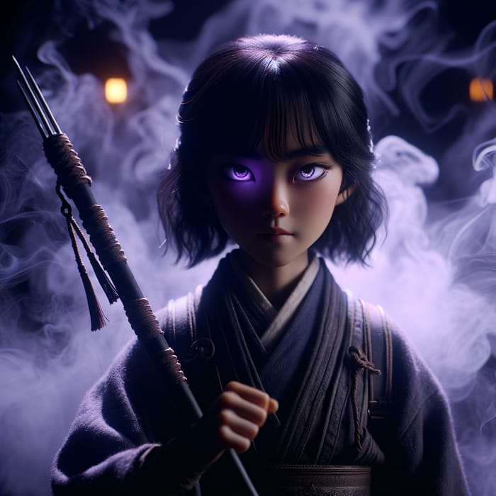 Resolute Black-Haired Girl with Ethereal Purple Eyes and Spear