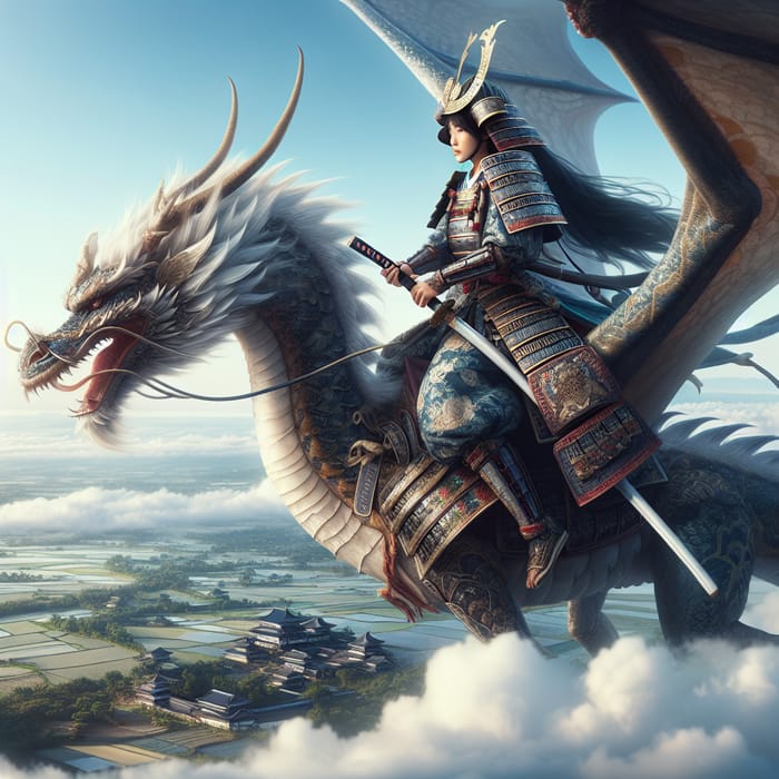 Female Samurai Riding Dragon | Mystical Elegance & Power