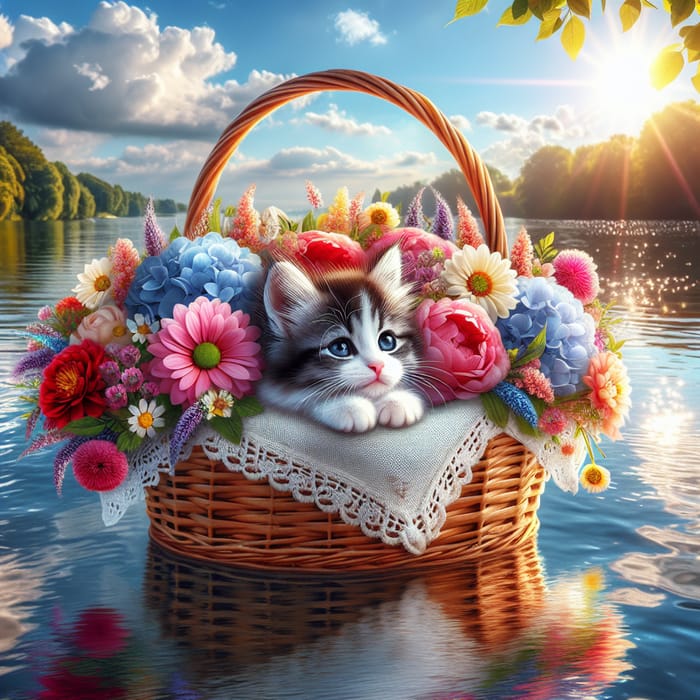 Cat in Flower Basket on Lake - Serene and Floral Scene