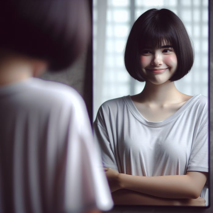 Short-Haired Girl Smiling Reflectively at Mirror