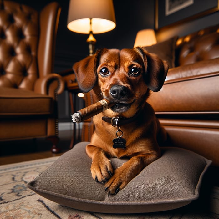 Brown Dog with Cigar on Plush Cushion