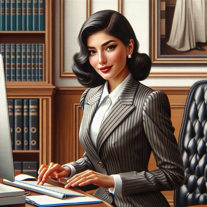 Tajik Girl in Office Suit Working on Computer - Oil Painting