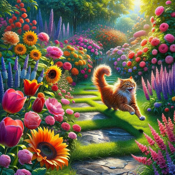 Playful Cat Running in Vibrant Garden Scene
