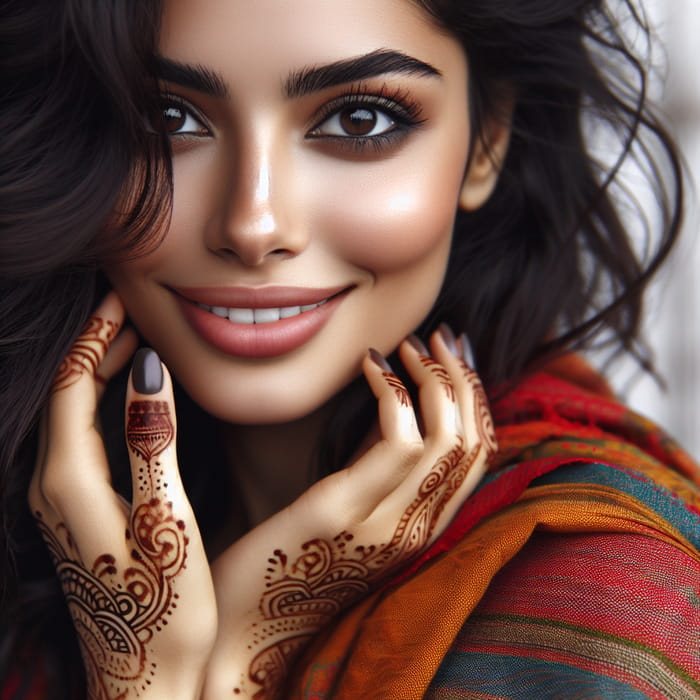 Beautiful South Asian Girl with Dark Wavy Hair and Henna Hands