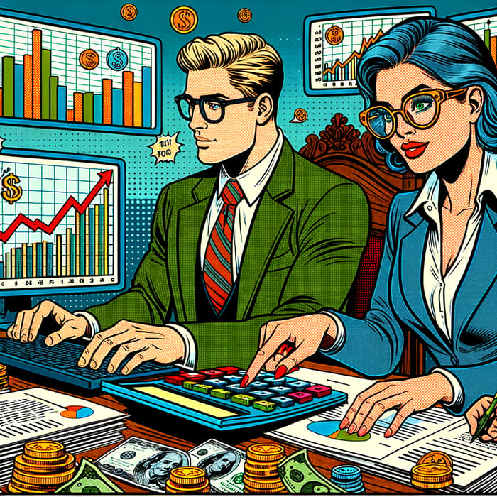 Finance Comic Book Scene: Colorful Illustration of Finance Professionals