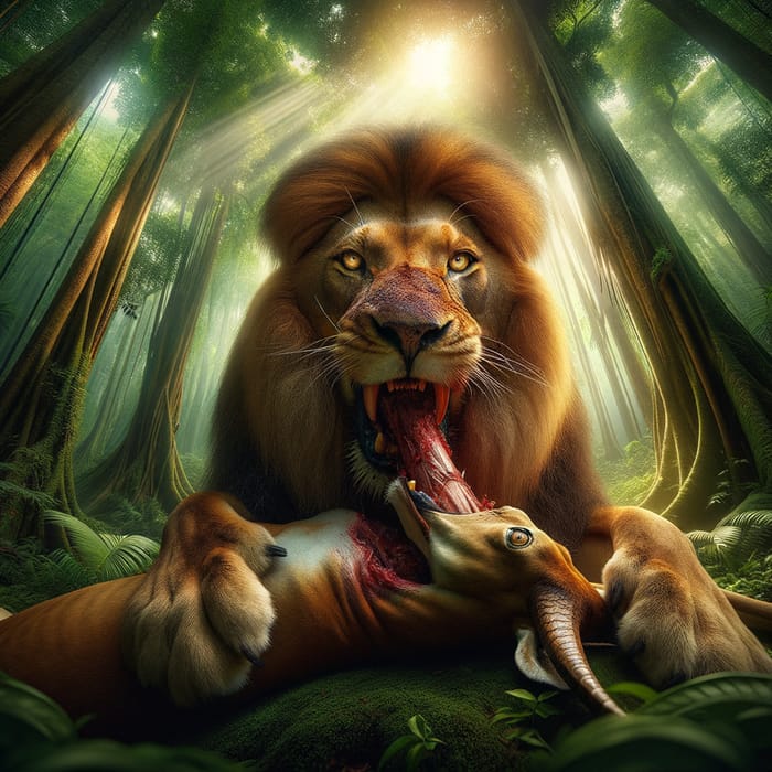 Powerful Jungle Lion Feasting Scene