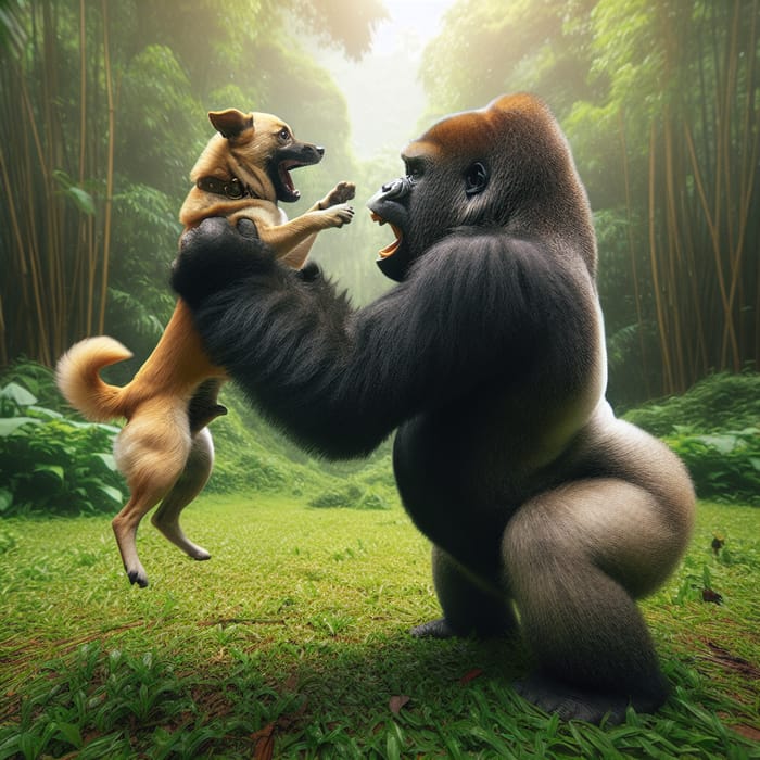 Dog Playfully Wrestles Gorilla in Lush Green Forest