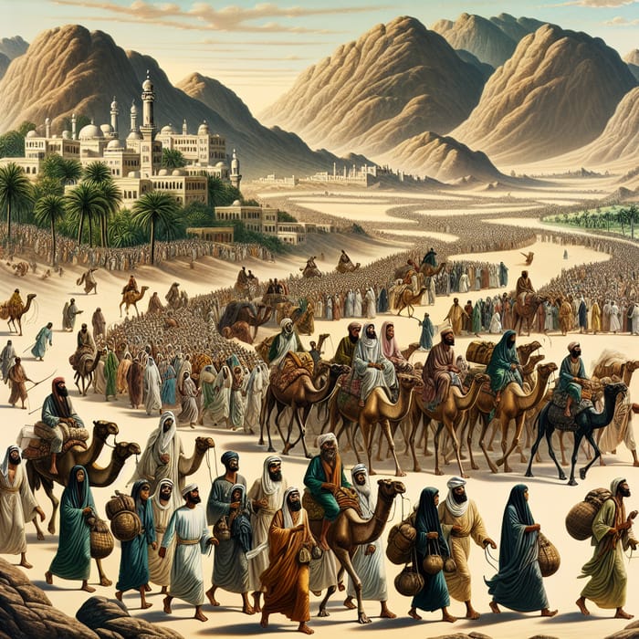 Historical Illustration: Migration from Mecca to Medina - Desert Scene with Diverse Groups