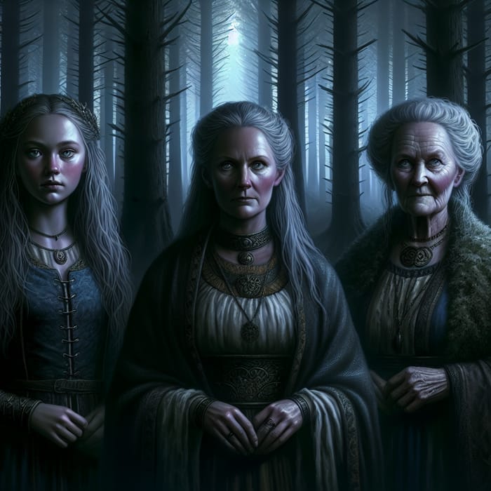 North Norns: Realistic Depiction of Three Women in Dark Forest