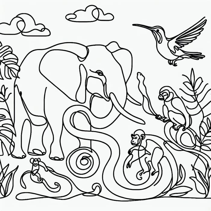 Detailed Continuous Line Art: Elephant, Snake, Monkey, Hummingbird