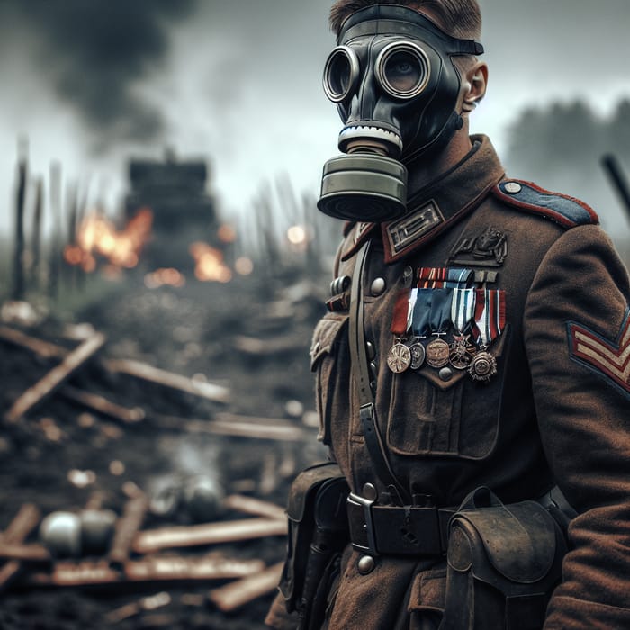 Warrior Officer on Battlefield - Courage in a Gas Mask