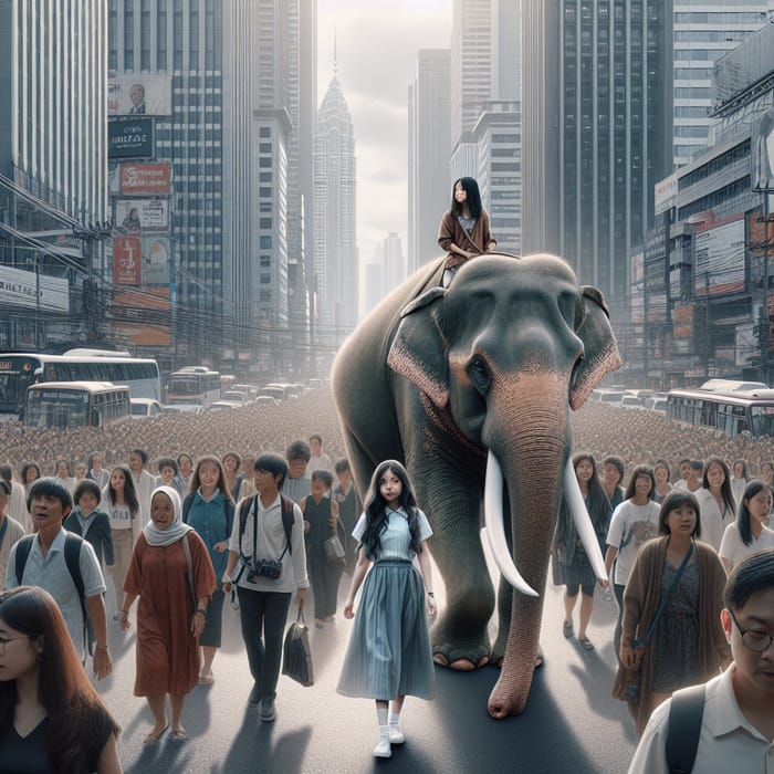 Asian Girl Walking with Elephant in Busy City, Ultra Realistic 4K