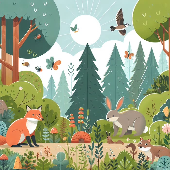 Enchanting Forest Scene with Animals, Trees, and Birds