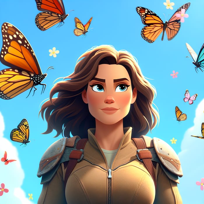 Empowered Woman Surrounded by Colorful Butterflies