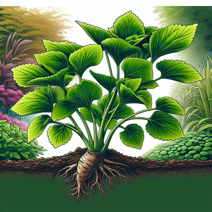 Vibrant Wasabi Plant Illustration | Green Leaves & Root in Garden